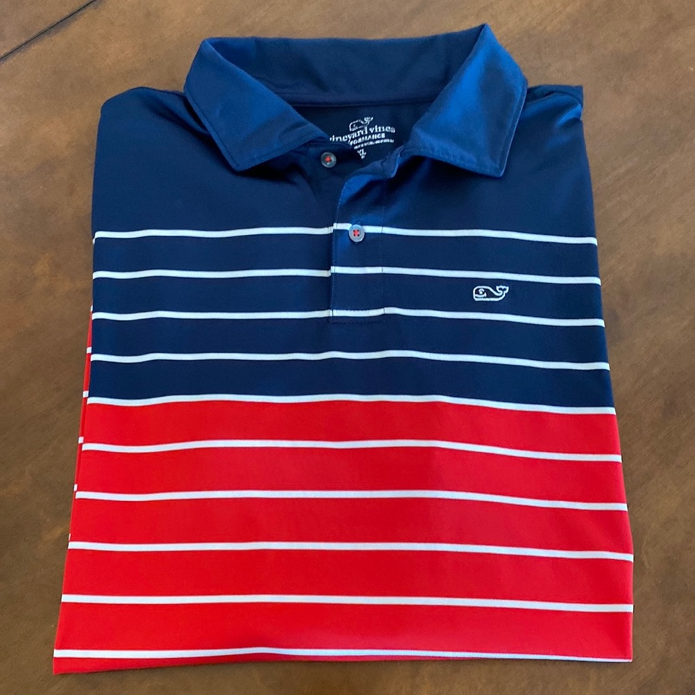 Vineyard Vines boys 18 (XL) striped short sleeve polo. Red, white & blue.